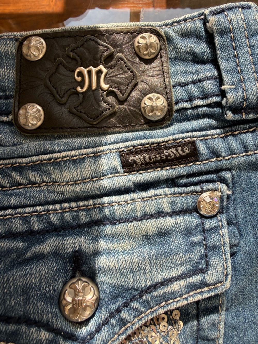 Miss Me Sequin Wing Denim Mini Skirt Size 30 Western Y2K EUC $98 MSRP - Picture 5 of 10